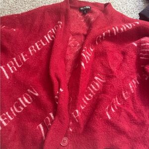 True Religion Red Logo-Allover Button-Front Cardigan